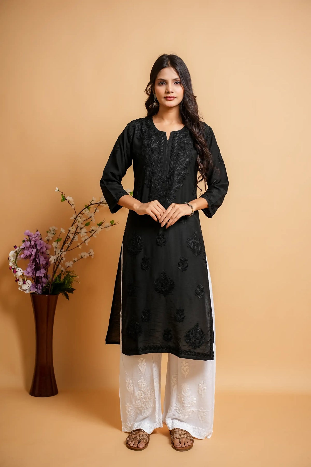 AYVERA Women's Black Chanderi Chikankari Long Kurti