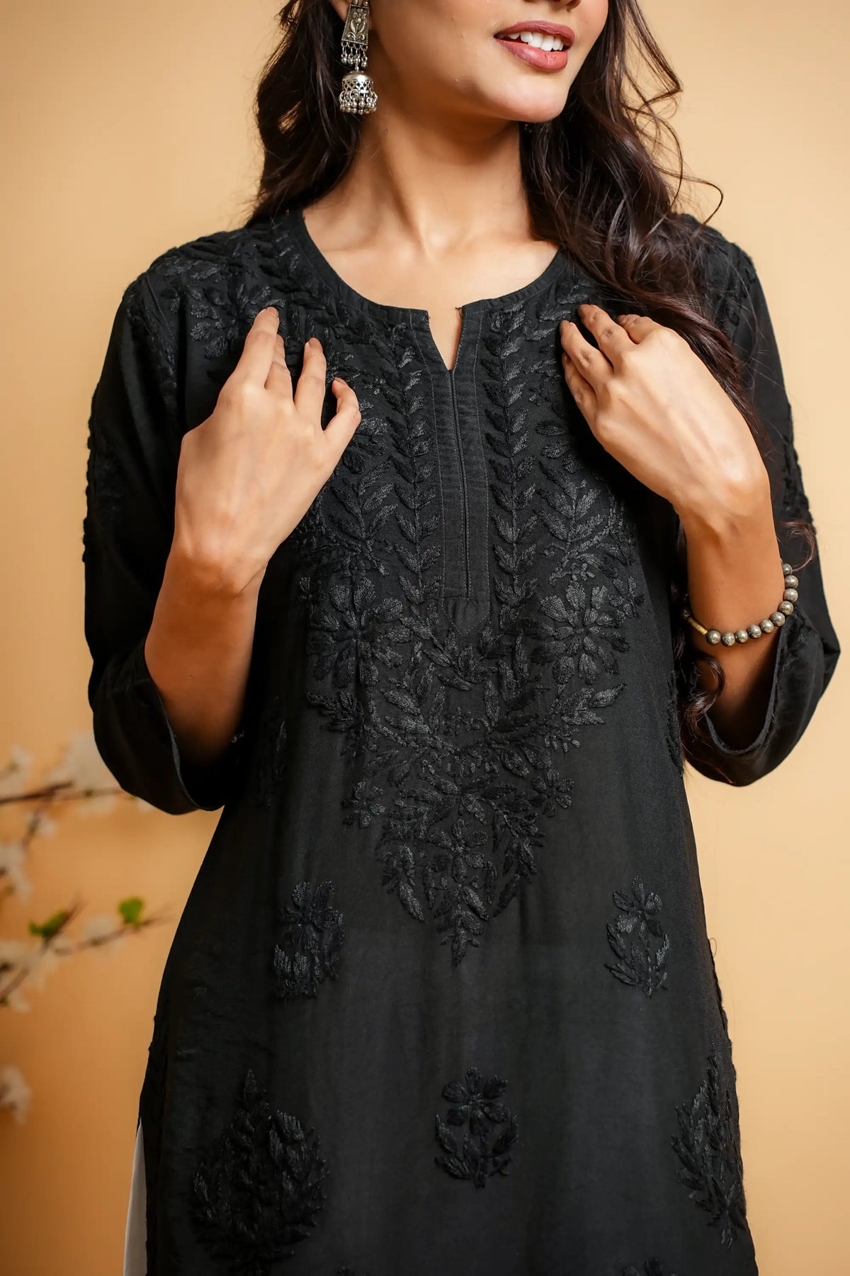 AYVERA Women's Black Chanderi Chikankari Long Kurti
