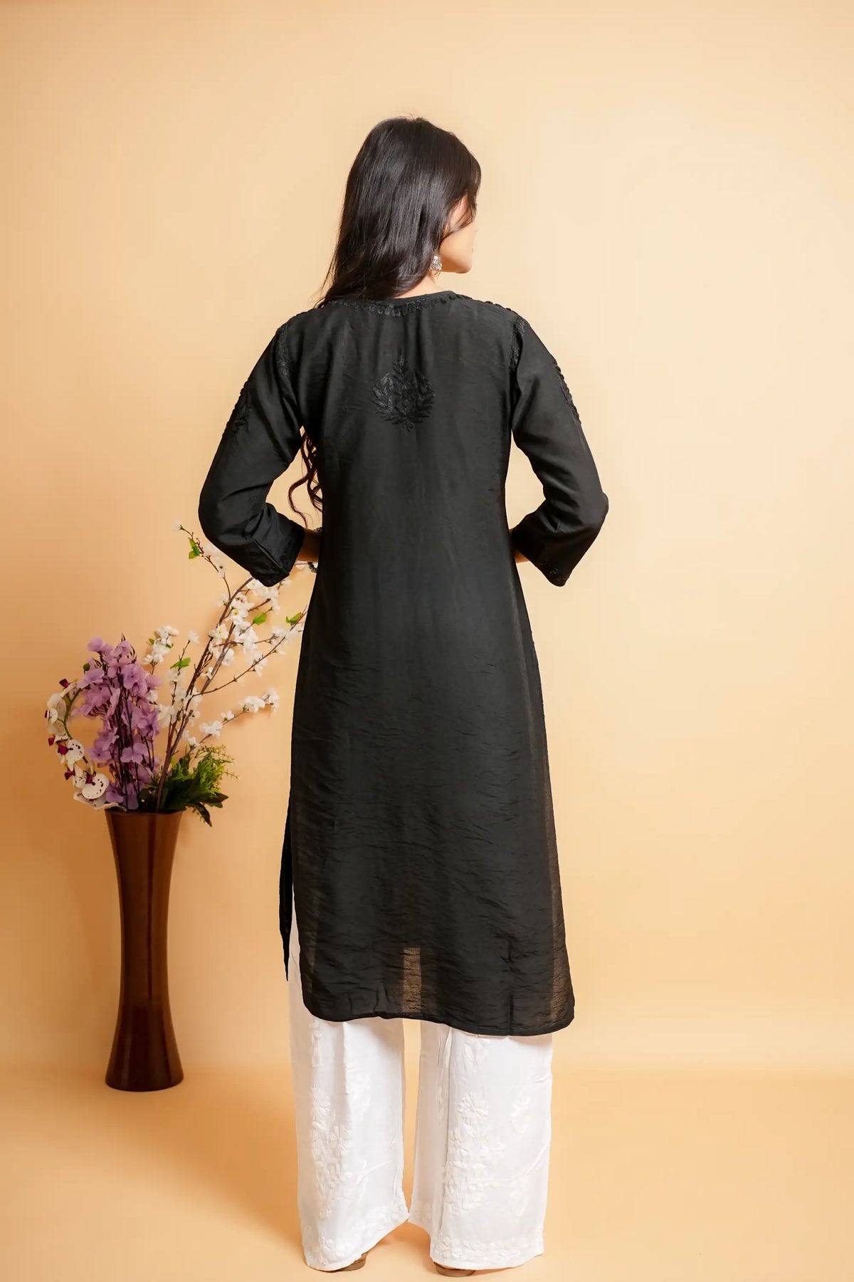 AYVERA Women's Black Chanderi Chikankari Long Kurti