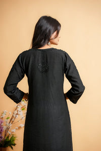 AYVERA Women's Black Chanderi Chikankari Long Kurti