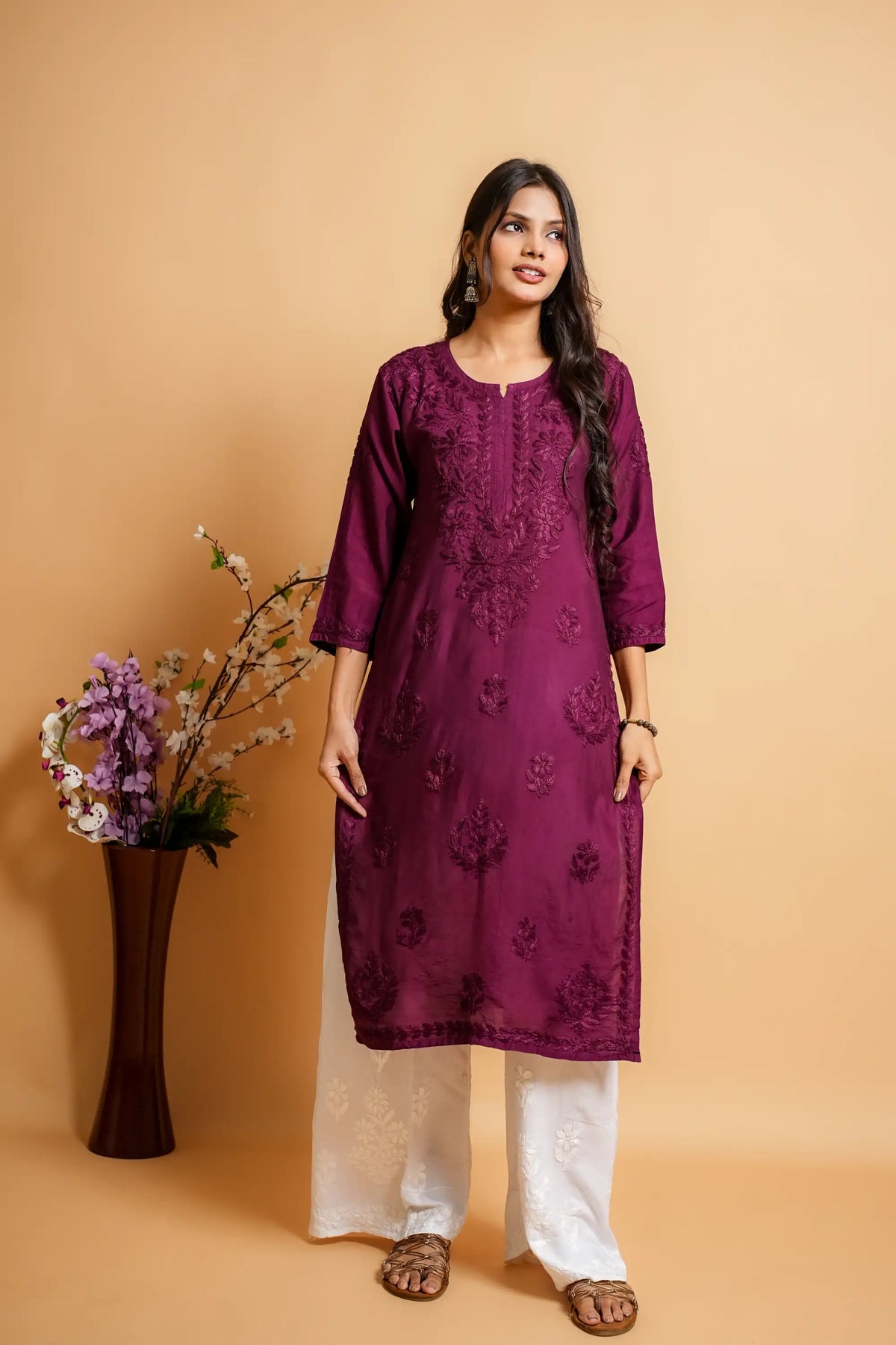AYVERA Women's Wine Chanderi Chikankari Long Kurti