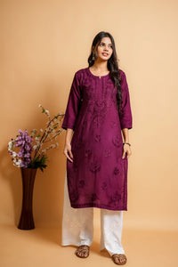 AYVERA Women's Wine Chanderi Chikankari Long Kurti