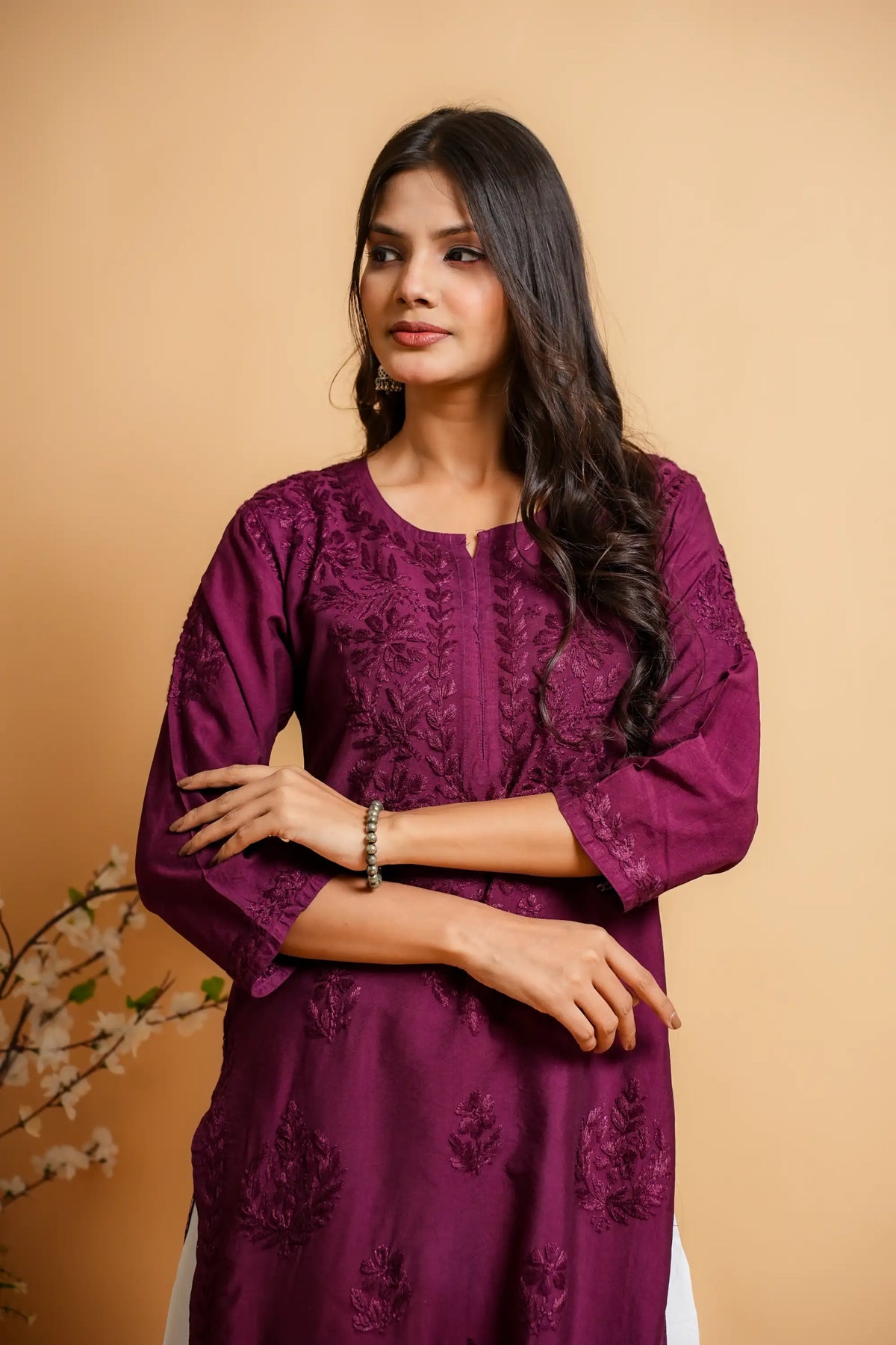AYVERA Women's Wine Chanderi Chikankari Long Kurti