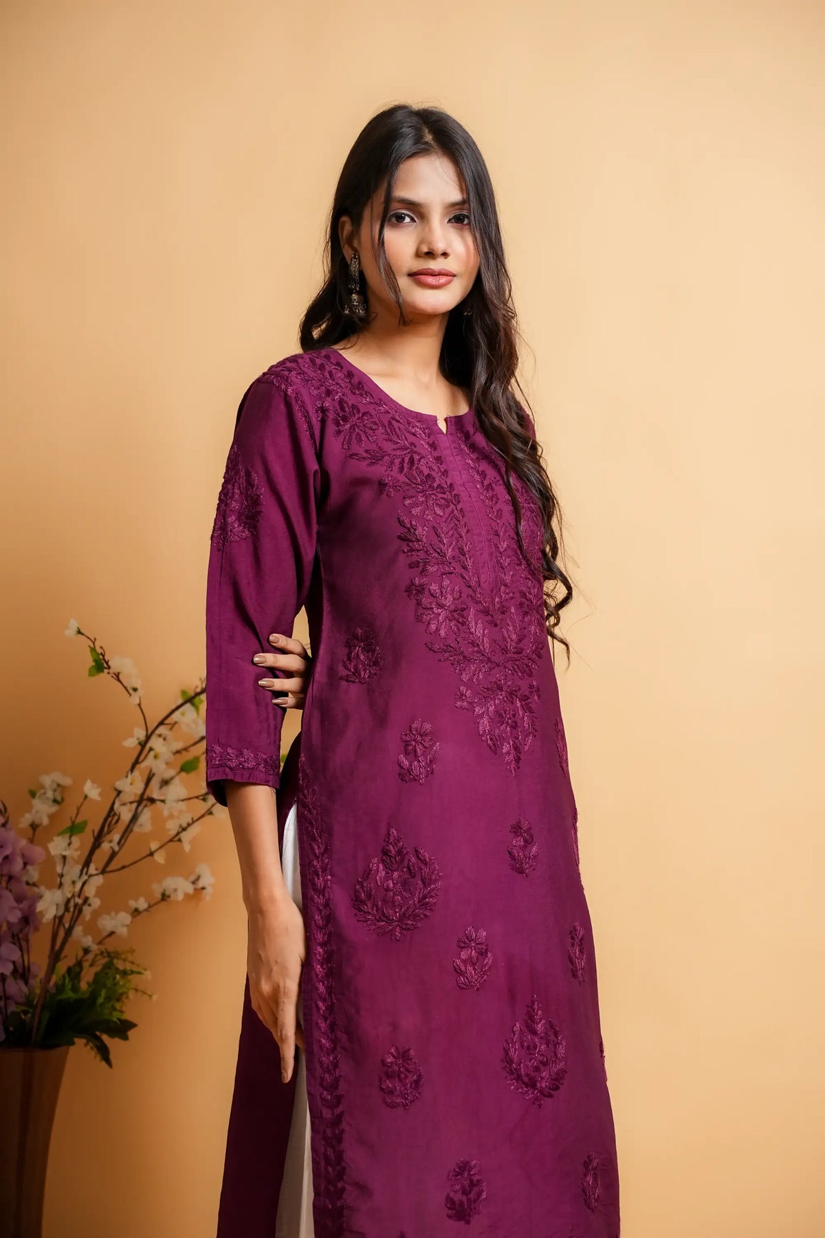 AYVERA Women's Wine Chanderi Chikankari Long Kurti