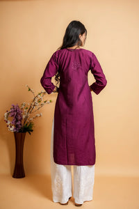 AYVERA Women's Wine Chanderi Chikankari Long Kurti