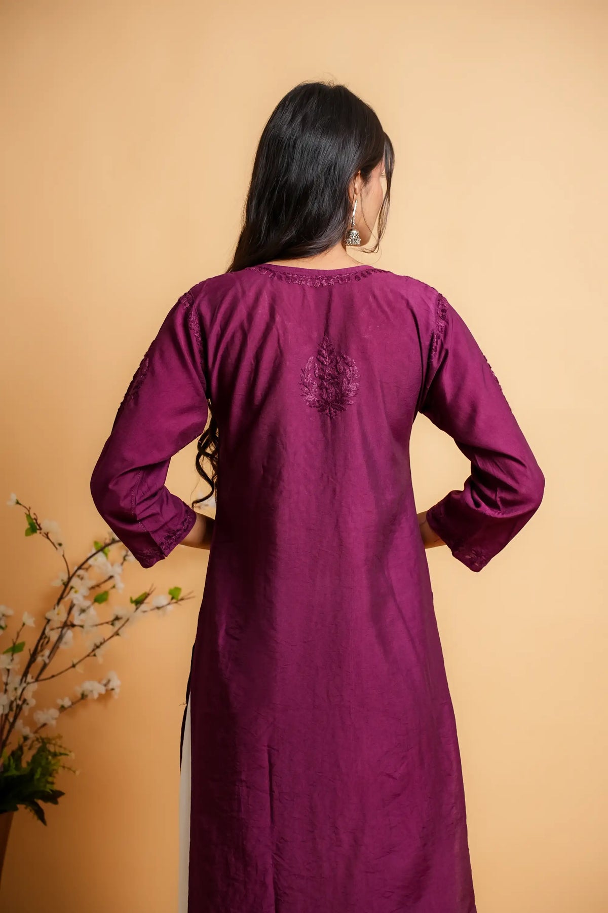 AYVERA Women's Wine Chanderi Chikankari Long Kurti