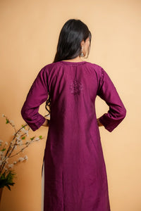 AYVERA Women's Wine Chanderi Chikankari Long Kurti