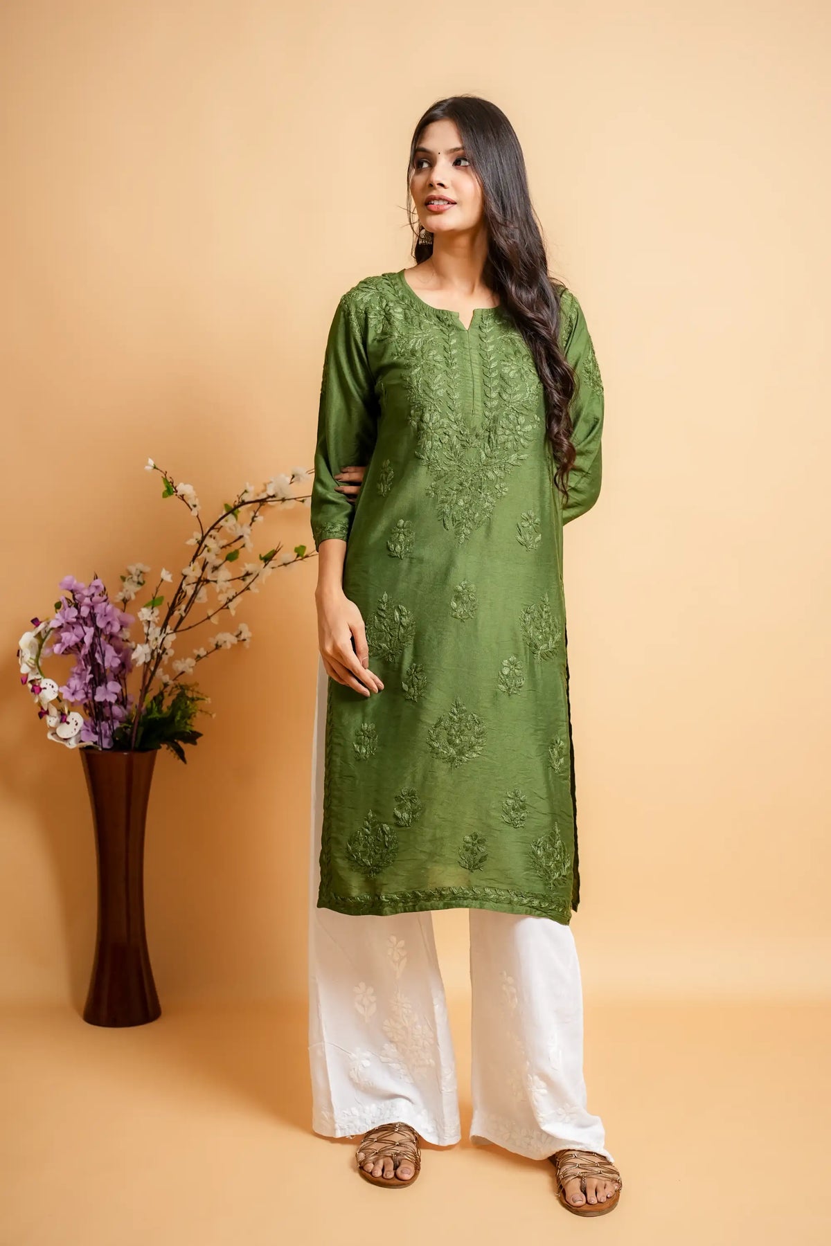 AYVERA Women's Olive Green Chanderi Chikankari Long Kurti