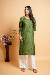 AYVERA Women's Olive Green Chanderi Chikankari Long Kurti