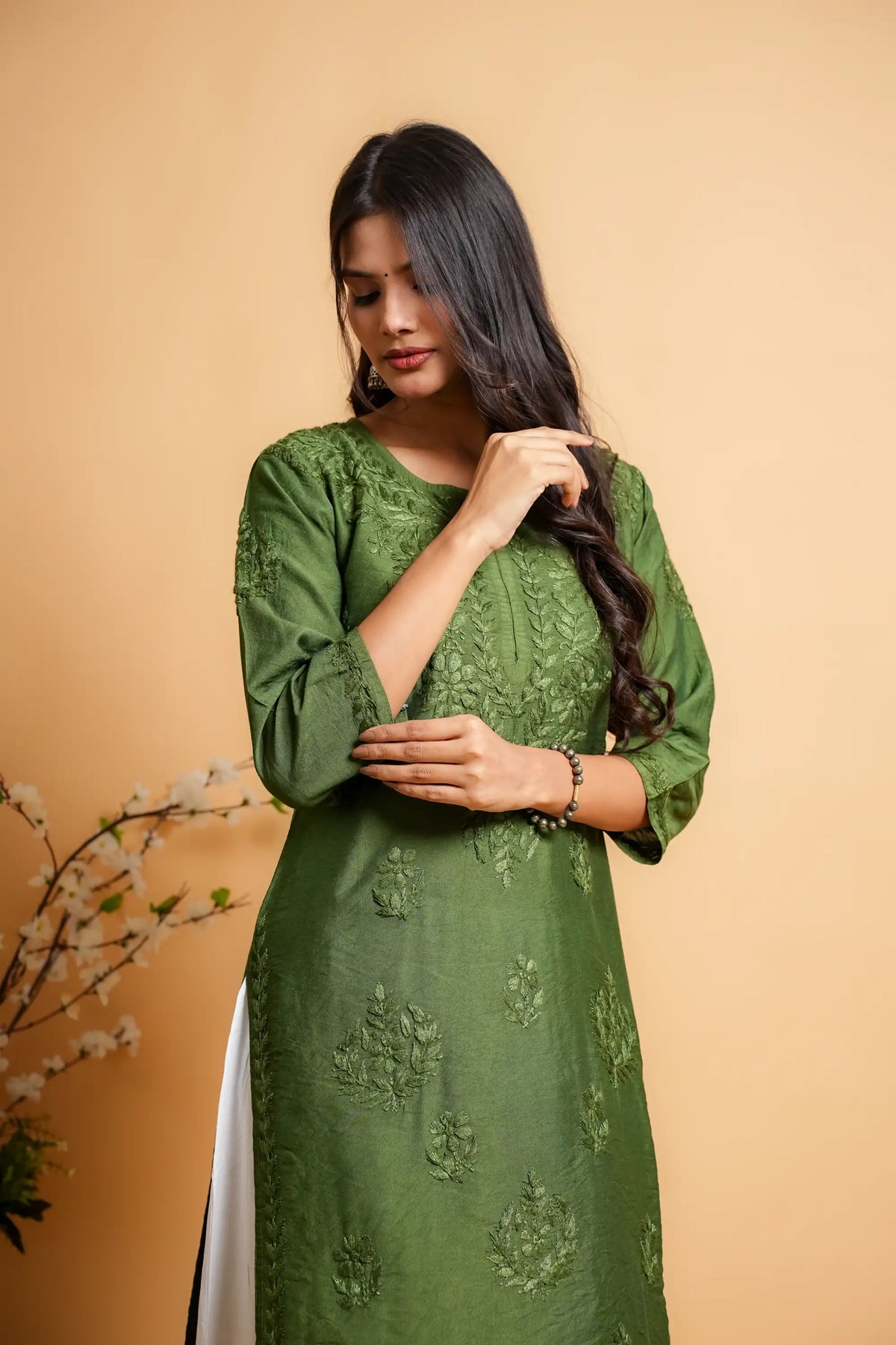 AYVERA Women's Olive Green Chanderi Chikankari Long Kurti