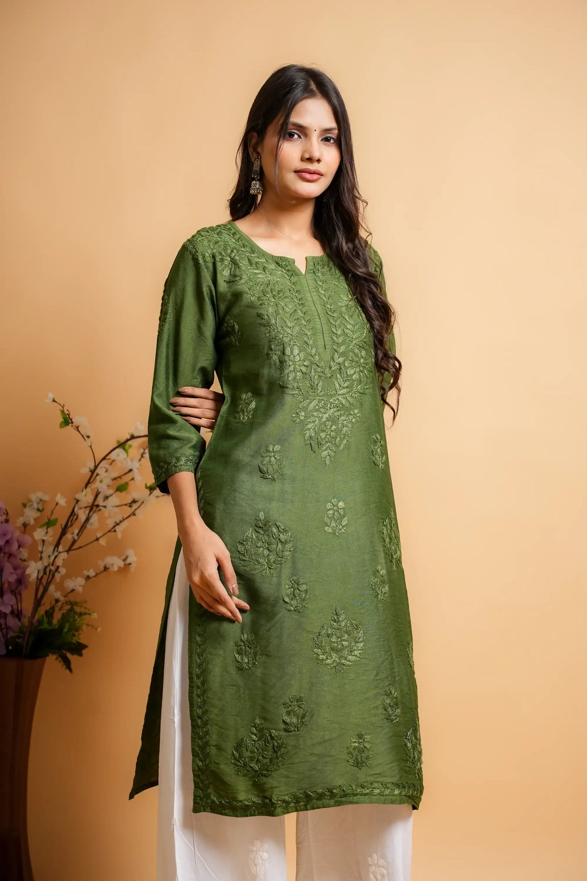 AYVERA Women's Olive Green Chanderi Chikankari Long Kurti