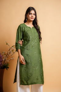 AYVERA Women's Olive Green Chanderi Chikankari Long Kurti