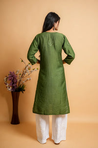 AYVERA Women's Olive Green Chanderi Chikankari Long Kurti