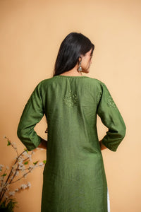 AYVERA Women's Olive Green Chanderi Chikankari Long Kurti