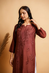 AYVERA Women's Chocolate Brown Chanderi Chikankari Long Kurti