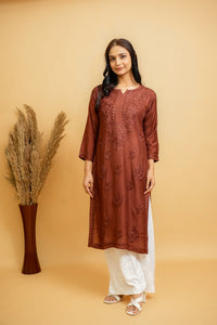 AYVERA Women's Chocolate Brown Chanderi Chikankari Long Kurti