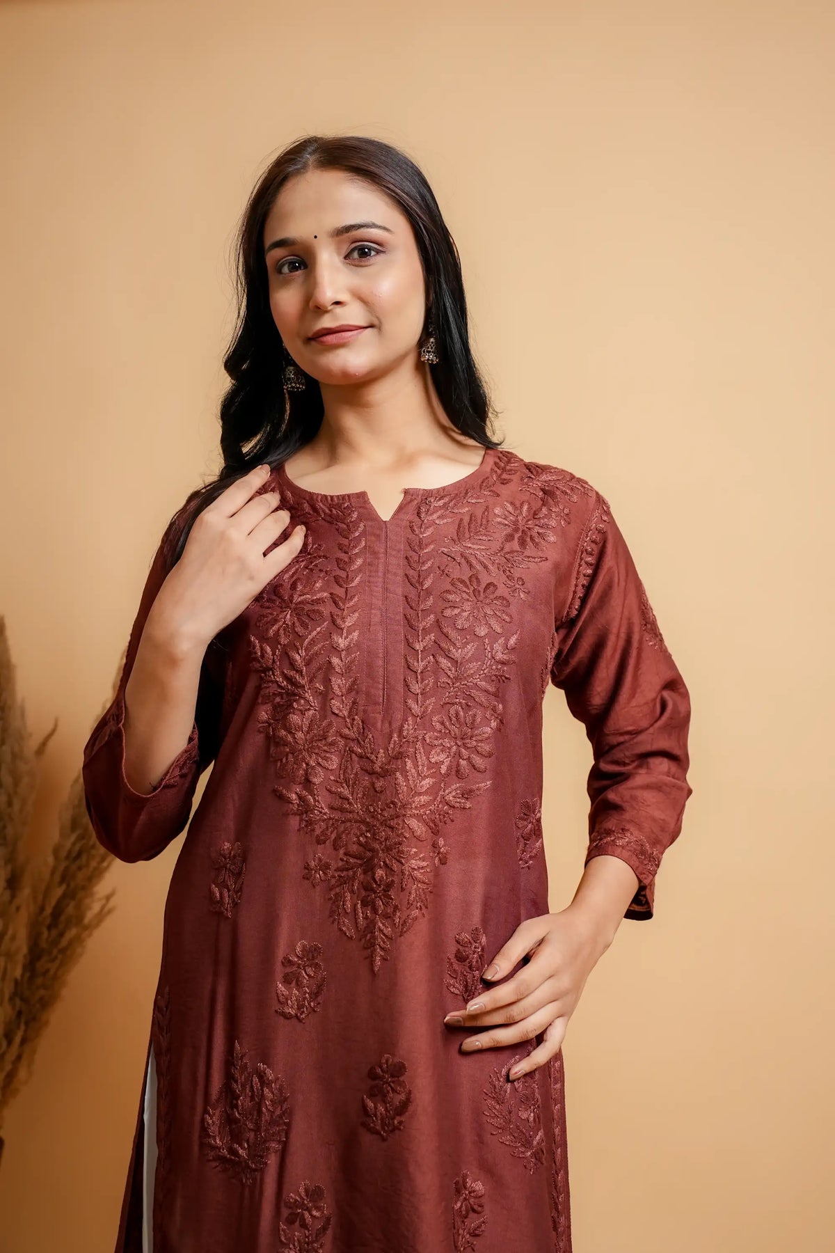 AYVERA Women's Chocolate Brown Chanderi Chikankari Long Kurti