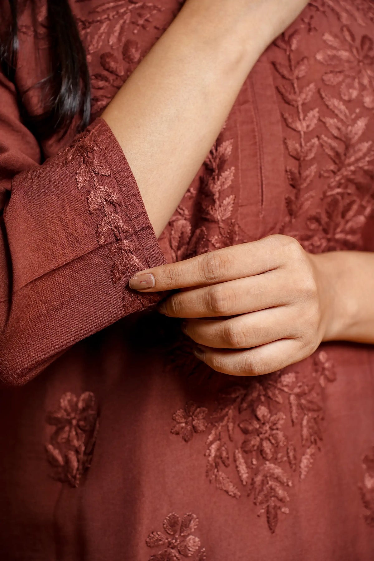 AYVERA Women's Chocolate Brown Chanderi Chikankari Long Kurti