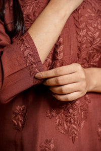 AYVERA Women's Chocolate Brown Chanderi Chikankari Long Kurti
