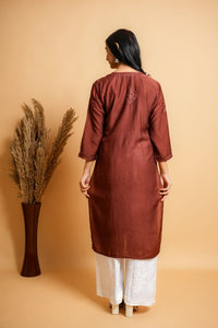 AYVERA Women's Chocolate Brown Chanderi Chikankari Long Kurti