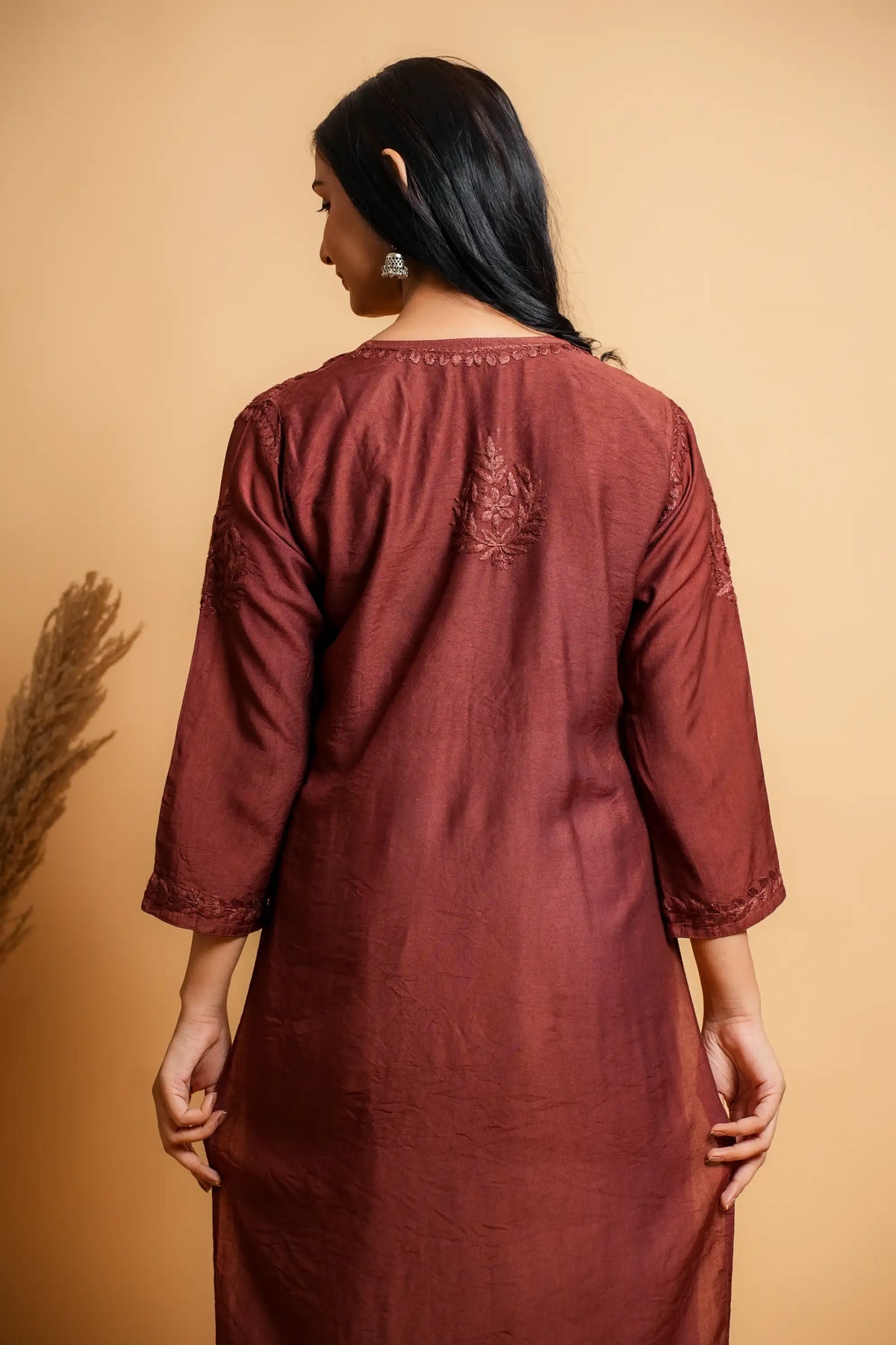 AYVERA Women's Chocolate Brown Chanderi Chikankari Long Kurti