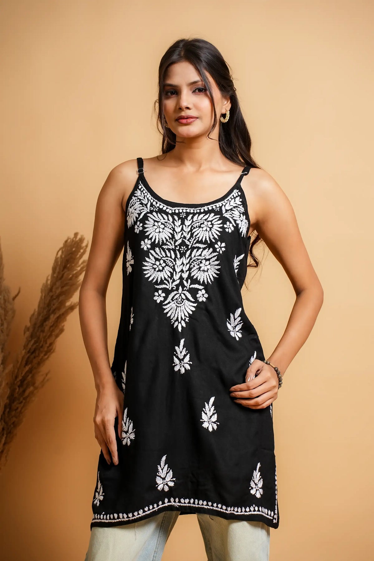 AYVERA Women's Black Chikankari Sleeveless Short Kurti