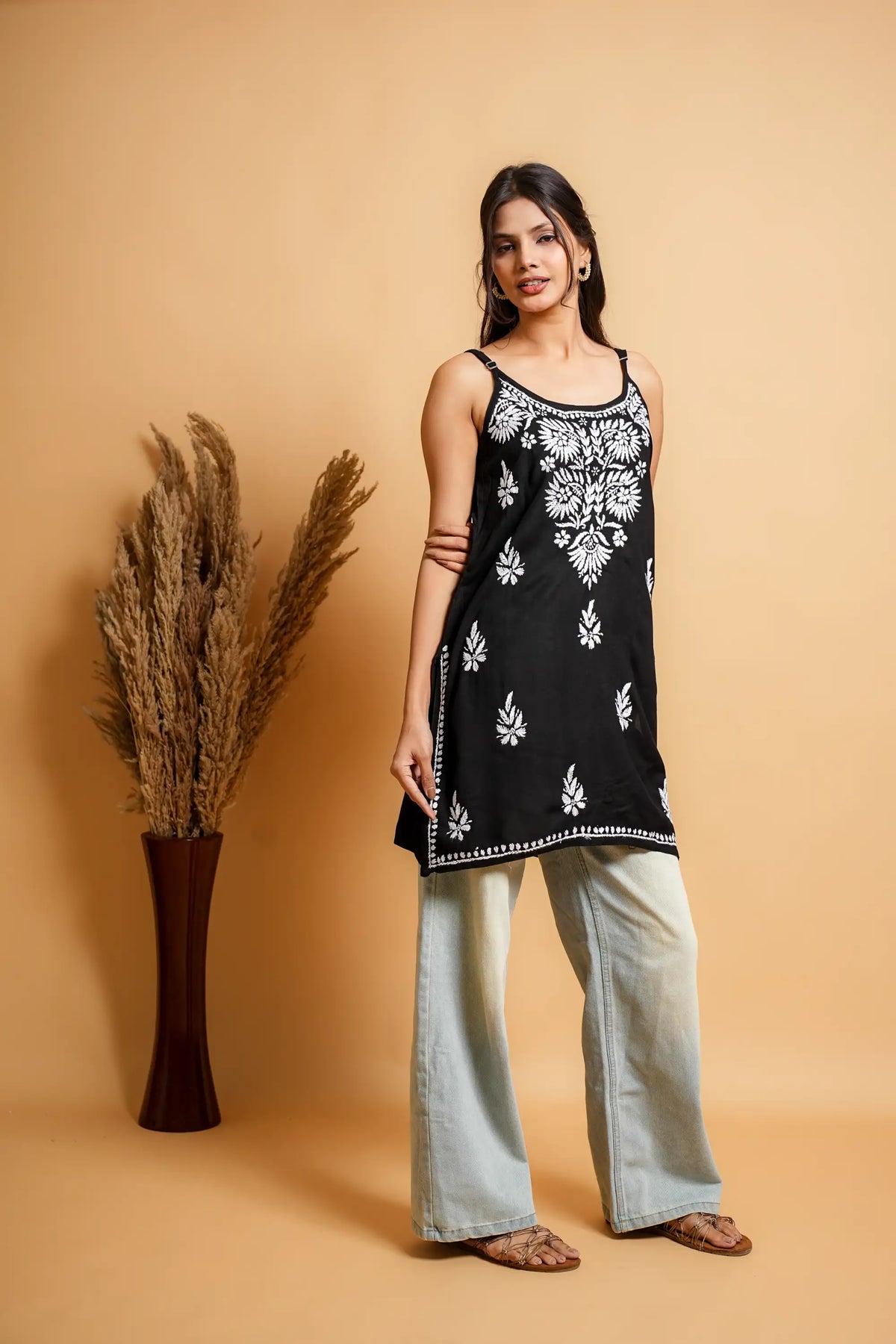 AYVERA Women's Black Chikankari Sleeveless Short Kurti