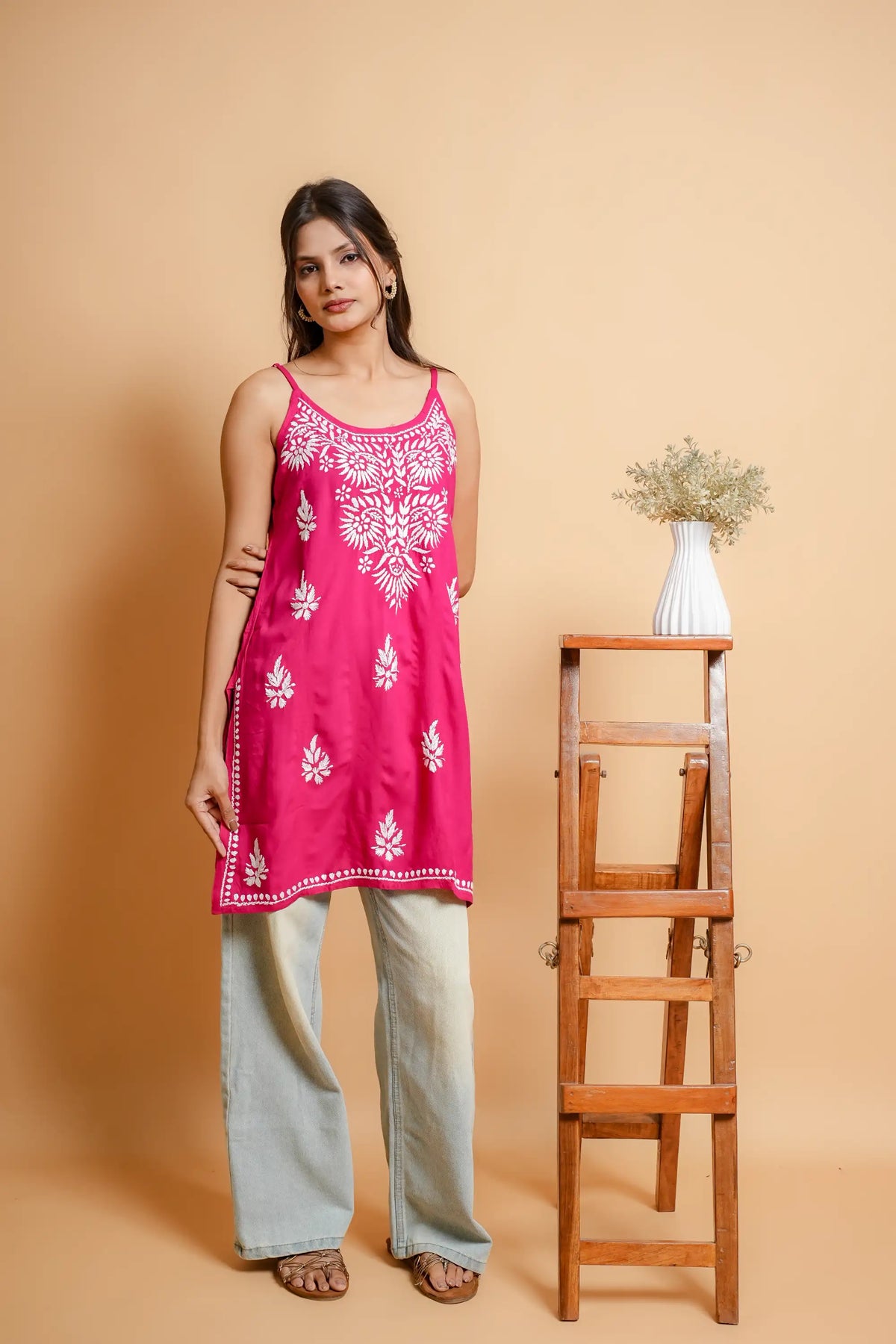 AYVERA Women's Fuchsia Pink Chikankari Sleeveless Short Kurti