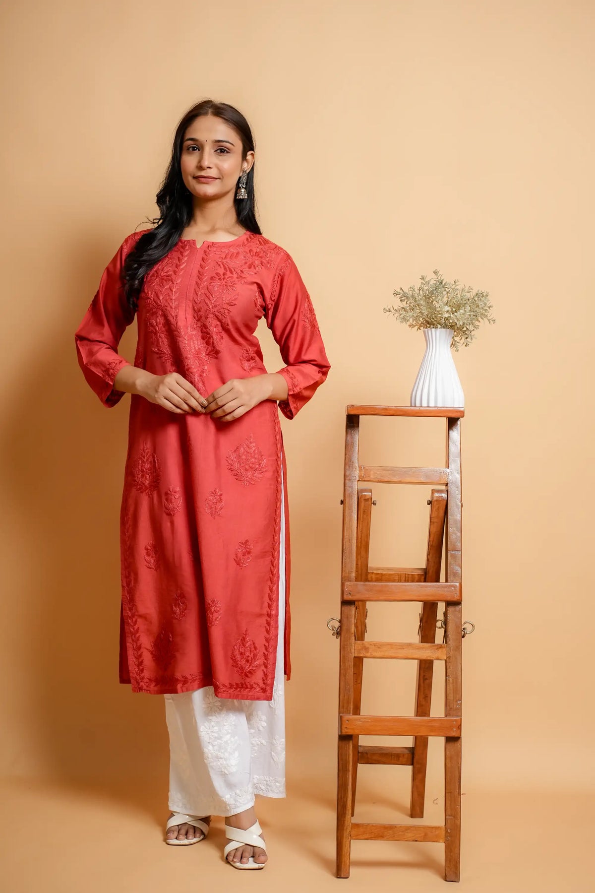 AYVERA Women's Salmon Pink Chanderi Chikankari Long Kurti