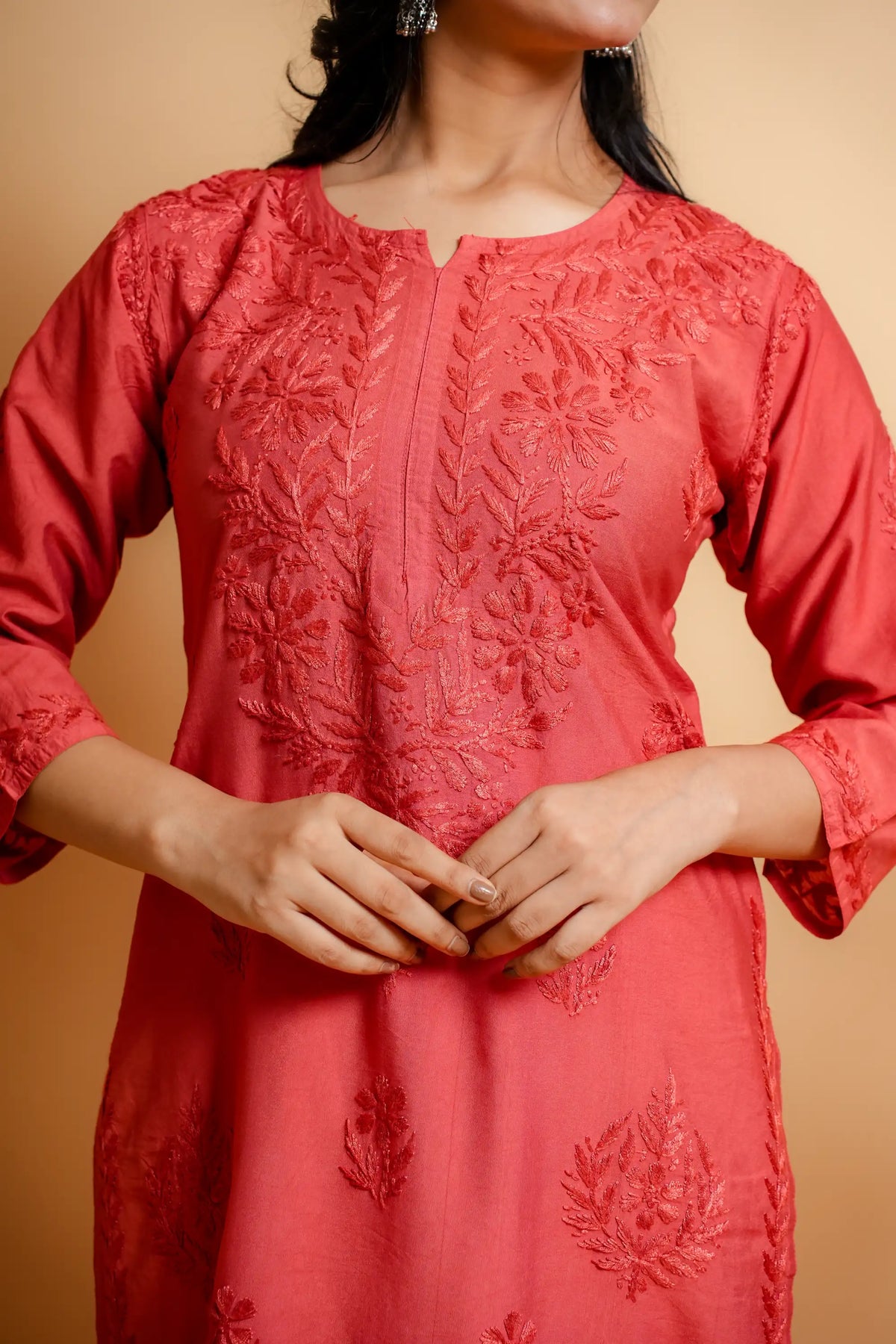 AYVERA Women's Salmon Pink Chanderi Chikankari Long Kurti