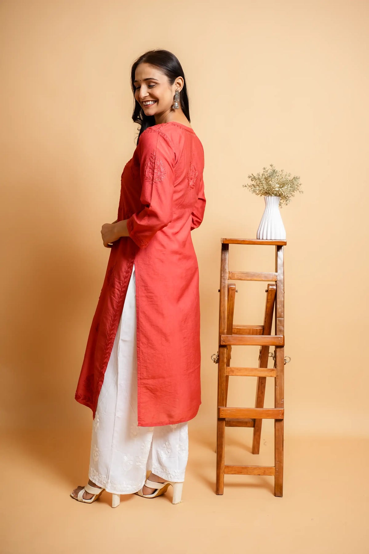 AYVERA Women's Salmon Pink Chanderi Chikankari Long Kurti