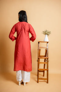 AYVERA Women's Salmon Pink Chanderi Chikankari Long Kurti