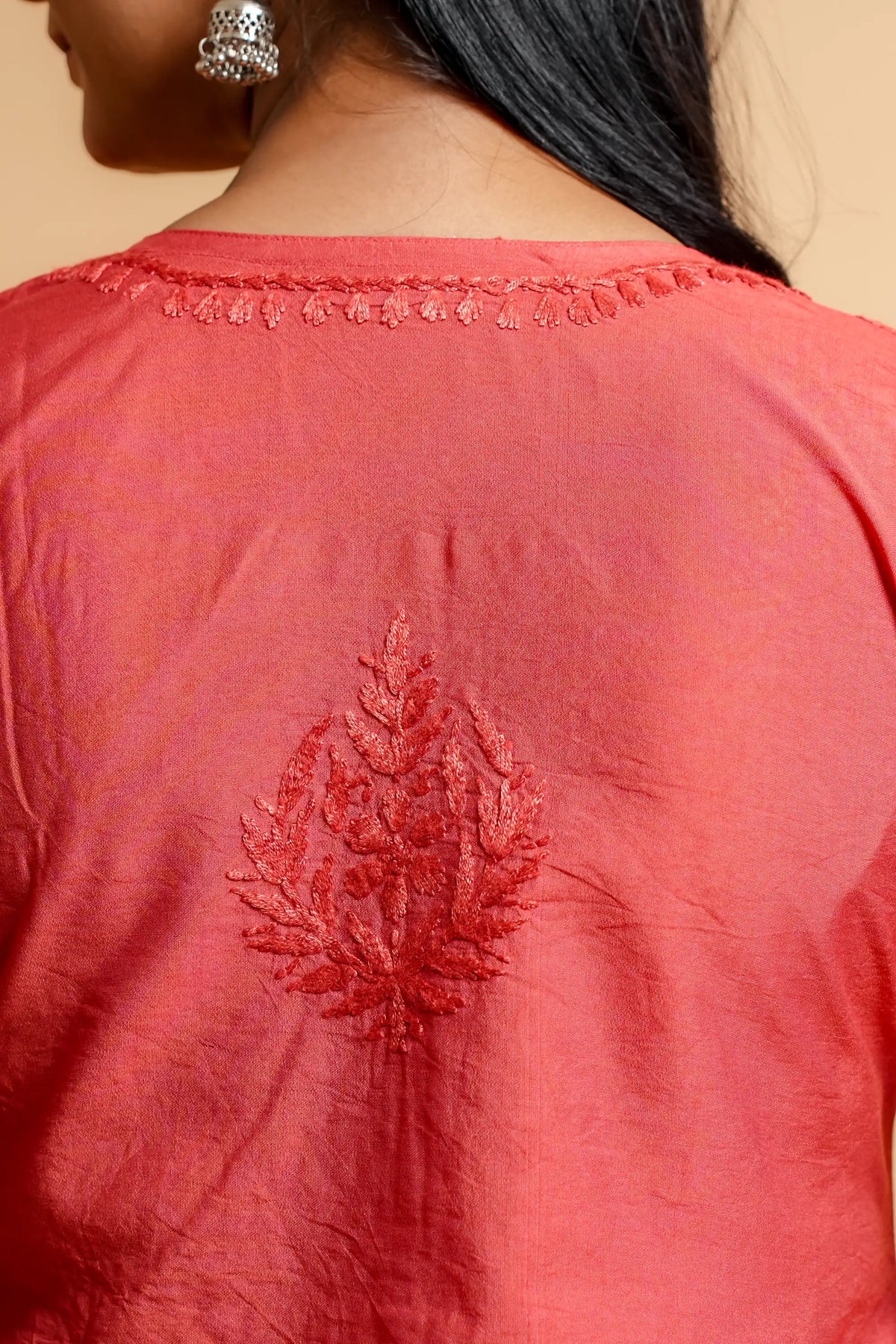 AYVERA Women's Salmon Pink Chanderi Chikankari Long Kurti