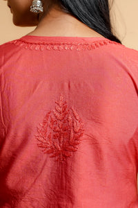 AYVERA Women's Salmon Pink Chanderi Chikankari Long Kurti