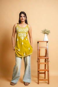 AYVERA Women's Olive Mustard Chikankari Sleeveless Short Kurti