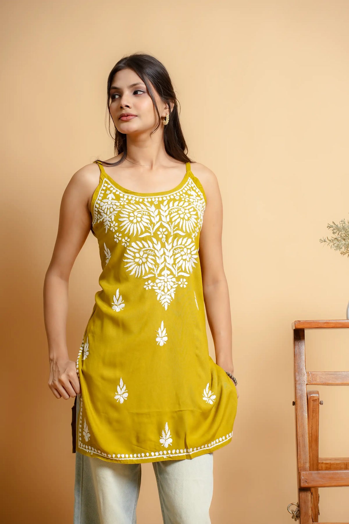 AYVERA Women's Olive Mustard Chikankari Sleeveless Short Kurti