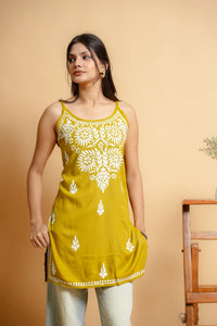 AYVERA Women's Olive Mustard Chikankari Sleeveless Short Kurti
