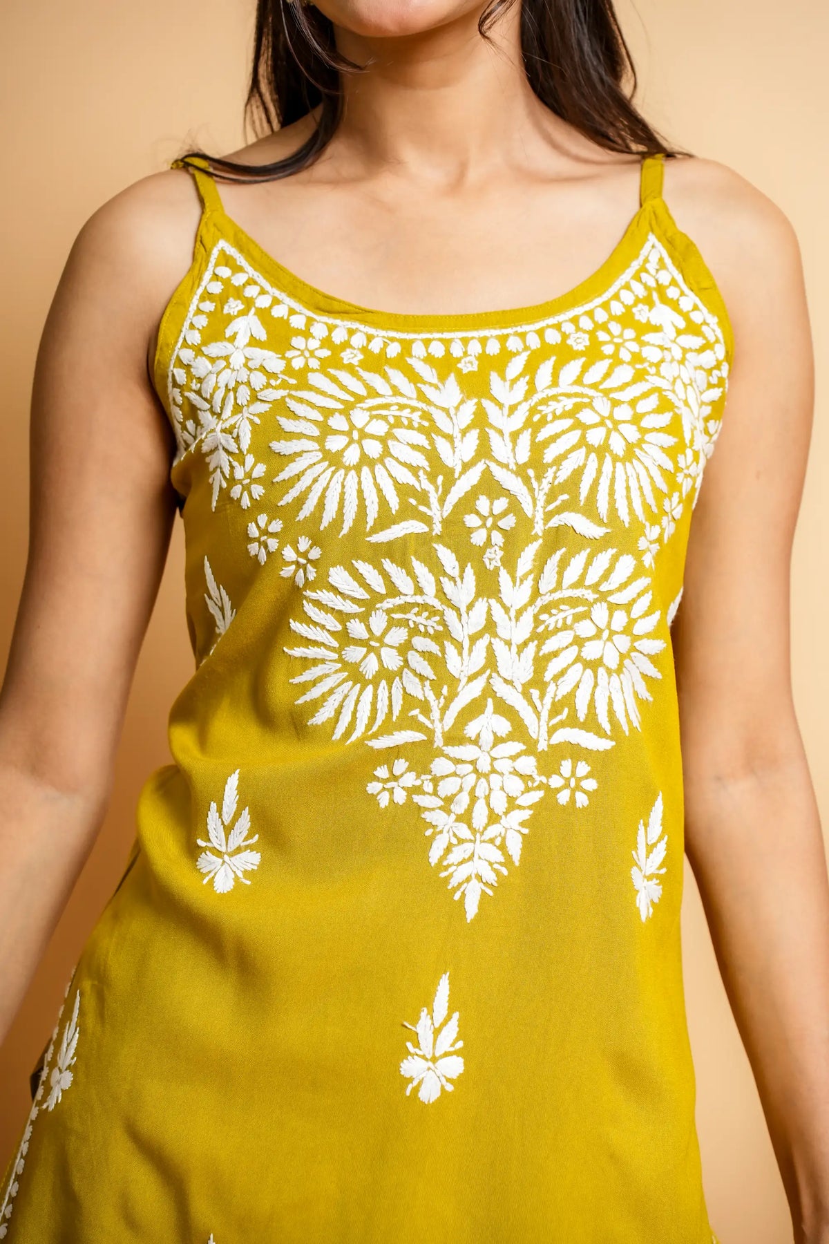 AYVERA Women's Olive Mustard Chikankari Sleeveless Short Kurti