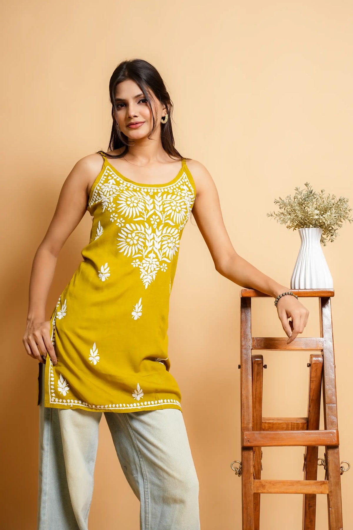 AYVERA Women's Olive Mustard Chikankari Sleeveless Short Kurti