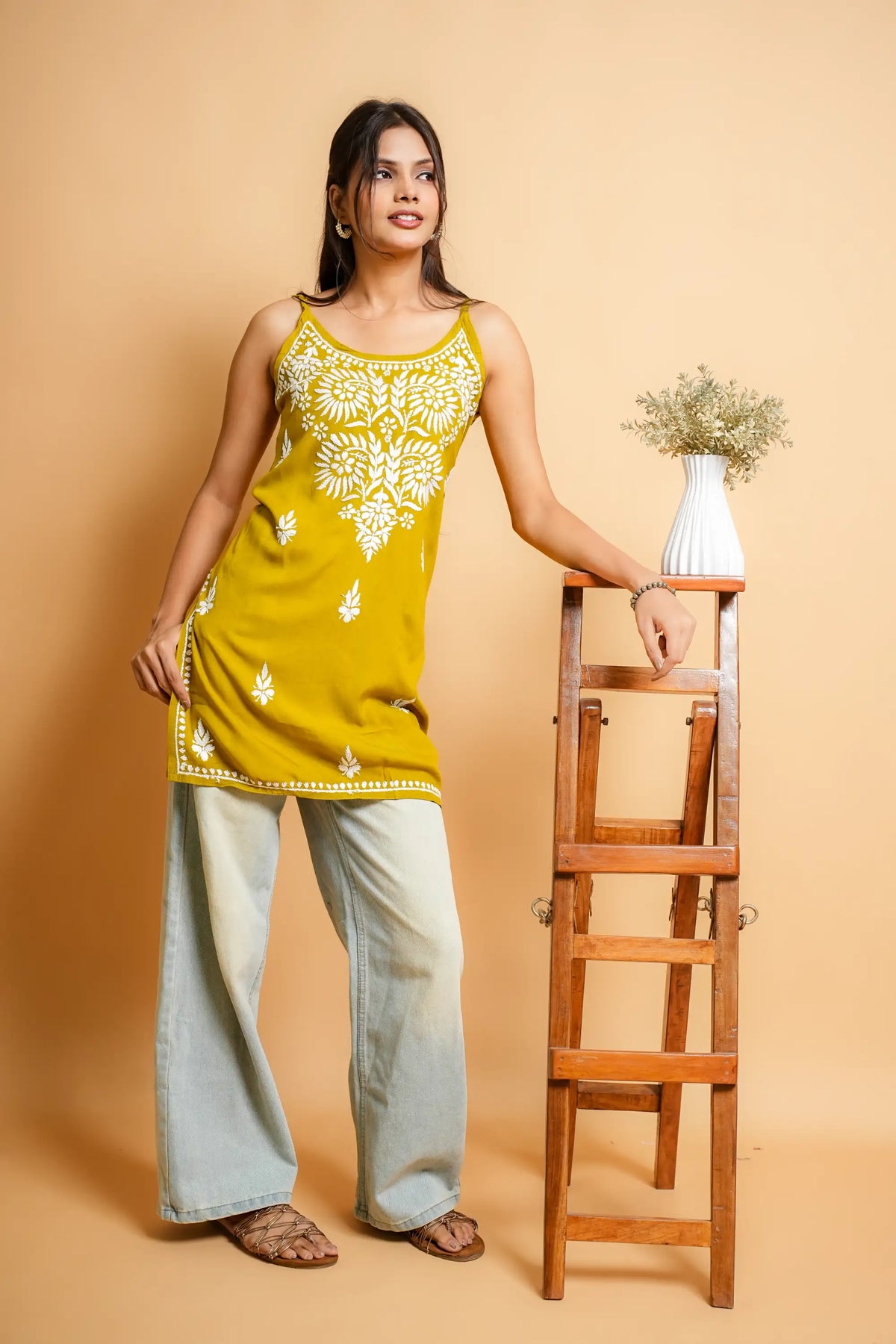 AYVERA Women's Olive Mustard Chikankari Sleeveless Short Kurti