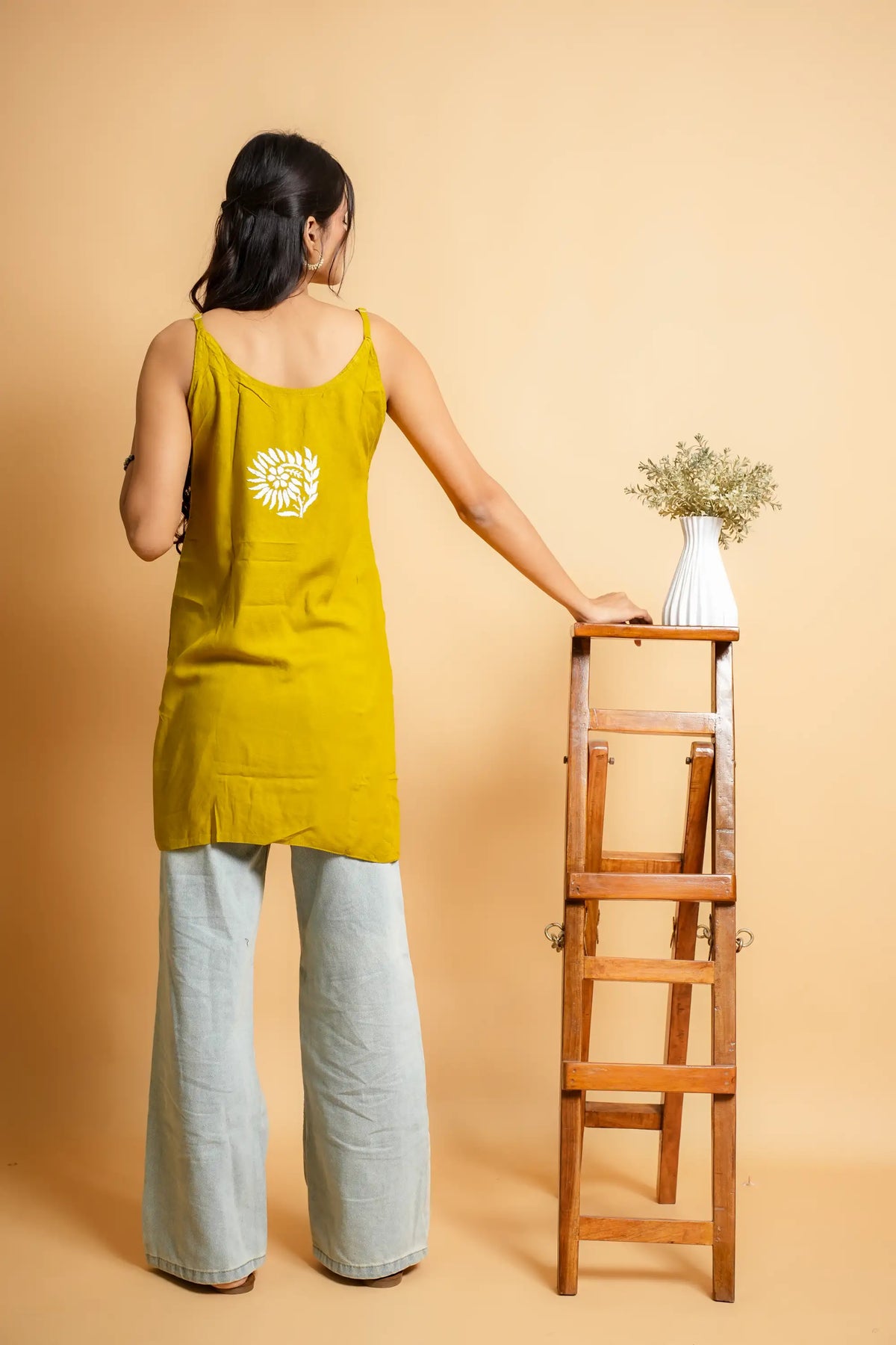 AYVERA Women's Olive Mustard Chikankari Sleeveless Short Kurti