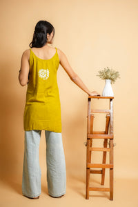 AYVERA Women's Olive Mustard Chikankari Sleeveless Short Kurti