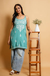 AYVERA Women's Teal Chikankari Sleeveless Short Kurti