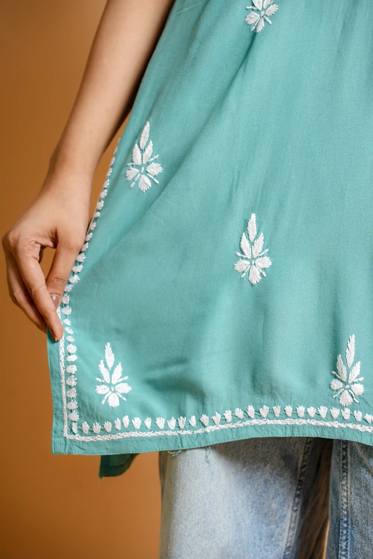 AYVERA Women's Teal Chikankari Sleeveless Short Kurti