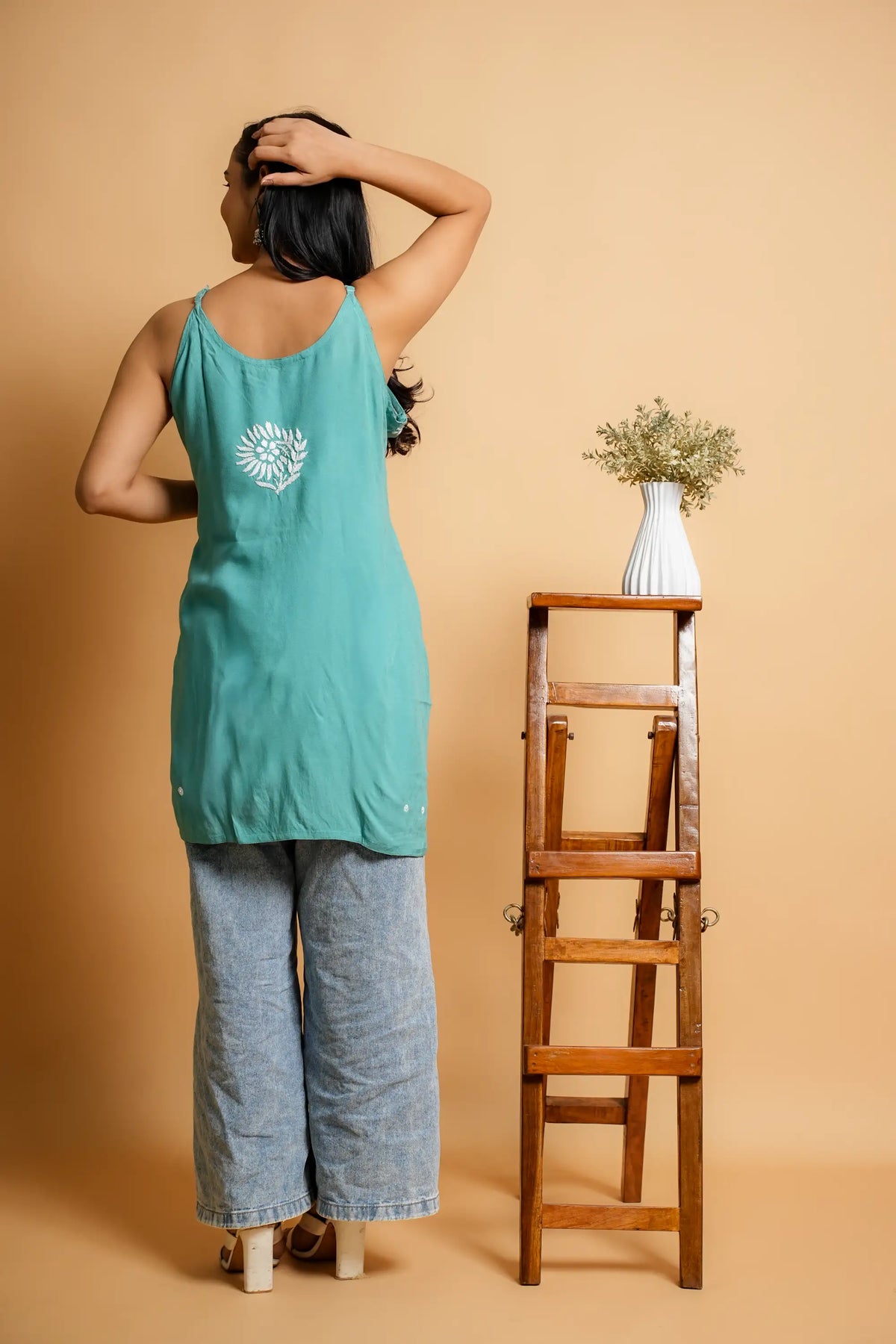 AYVERA Women's Teal Chikankari Sleeveless Short Kurti