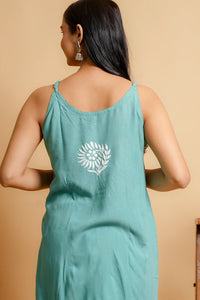AYVERA Women's Teal Chikankari Sleeveless Short Kurti