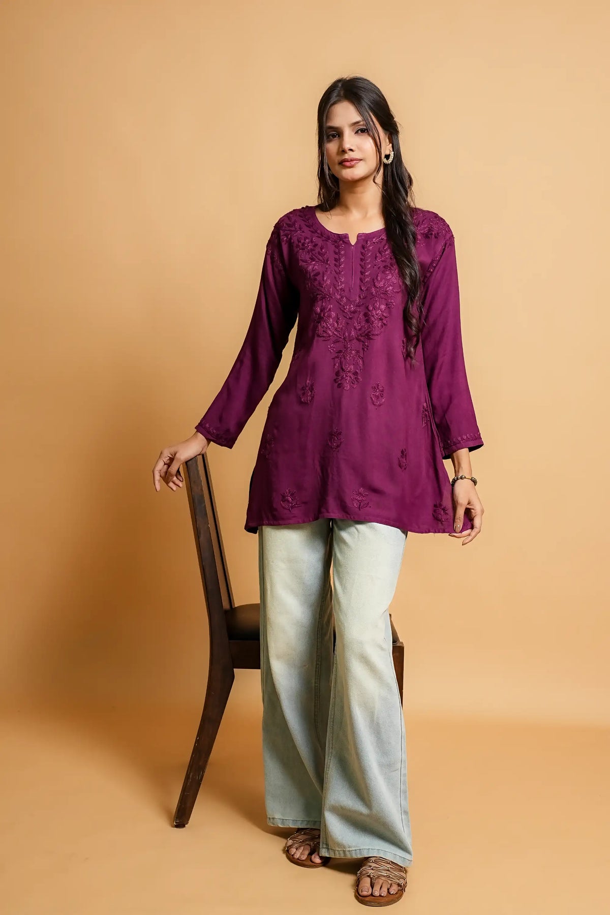 AYVERA Women's WINE Rayon Chikankari Short Kurti