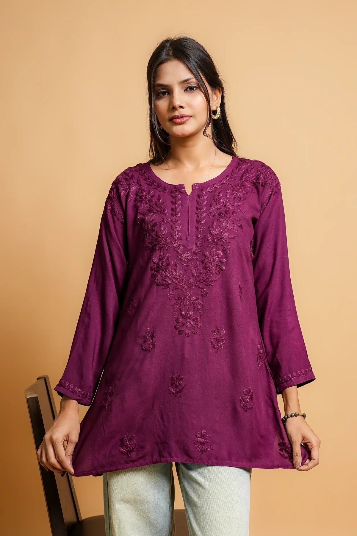 AYVERA Women's WINE Rayon Chikankari Short Kurti