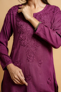 AYVERA Women's WINE Rayon Chikankari Short Kurti