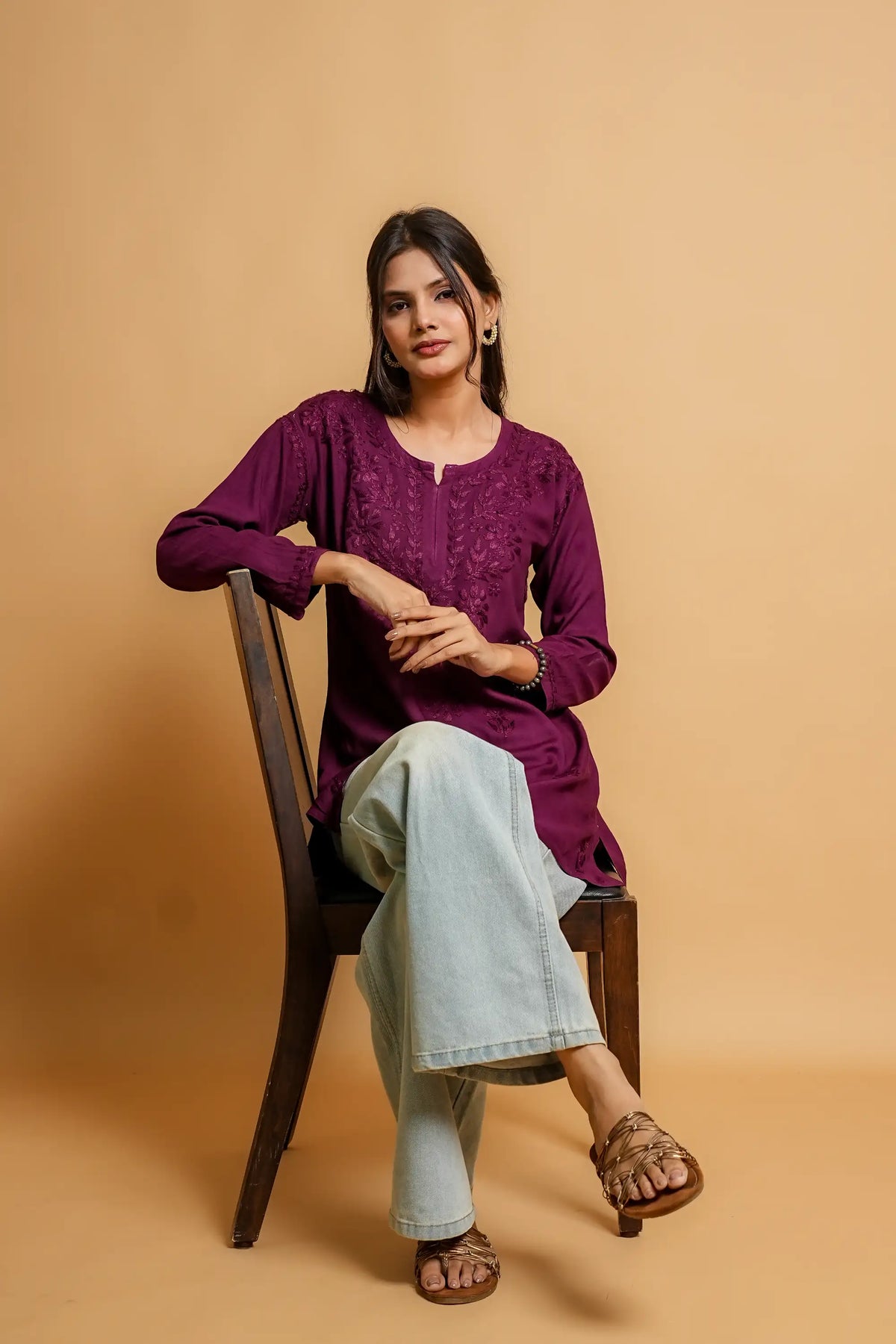 AYVERA Women's WINE Rayon Chikankari Short Kurti